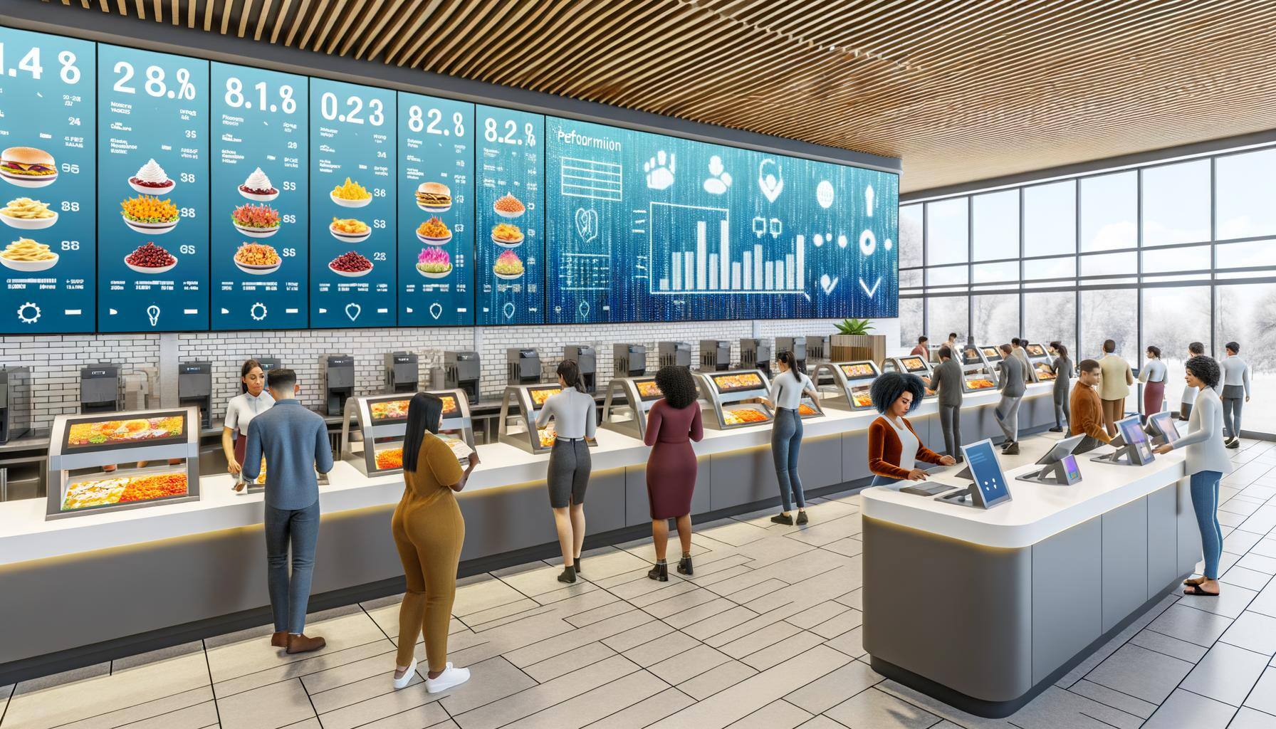 Imagine an image of a modern, bustling quick service restaurant filled with diverse customers of various descents and genders. Over the counter, there